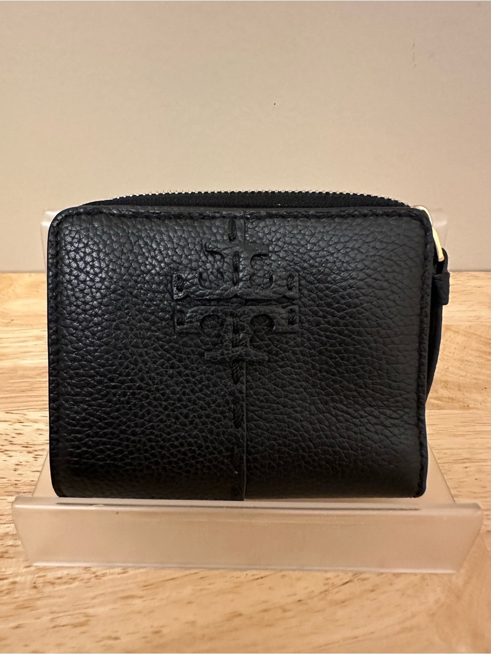 Tory Burch Black Pebbled Leather Compact Zip Wallet